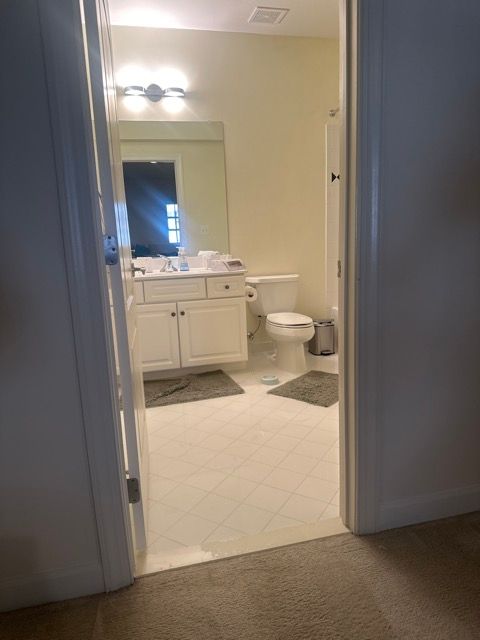 A bathroom with a toilet , sink and mirror