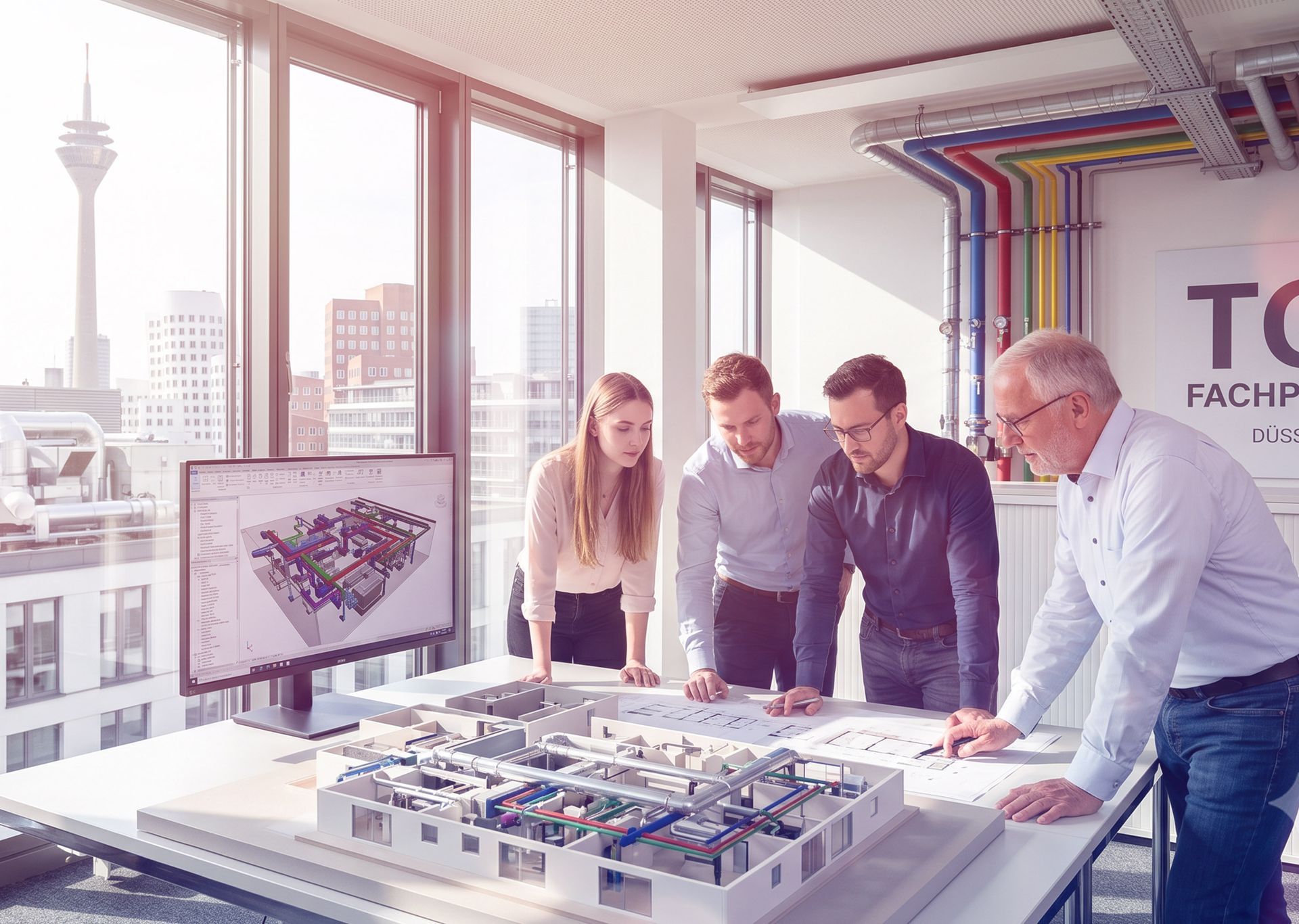 Ein Team arbeitet in einem hellen Büro mit großen Fenstern und einem Präsentationsbildschirm um einen Tisch