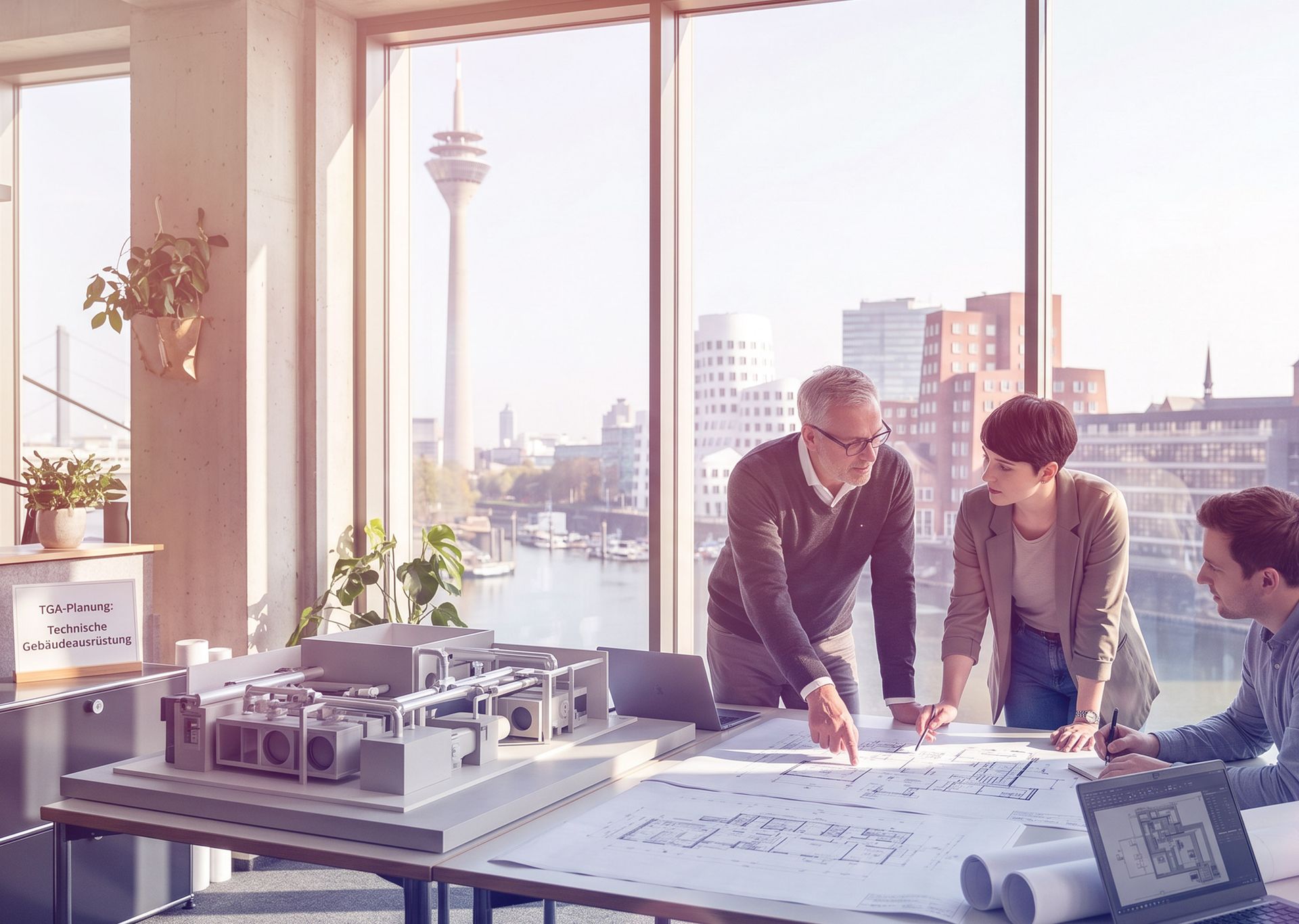 Menschen, die in einem hellen Büro mit Blick auf die Skyline Baupläne an einem Schreibtisch prüfen.