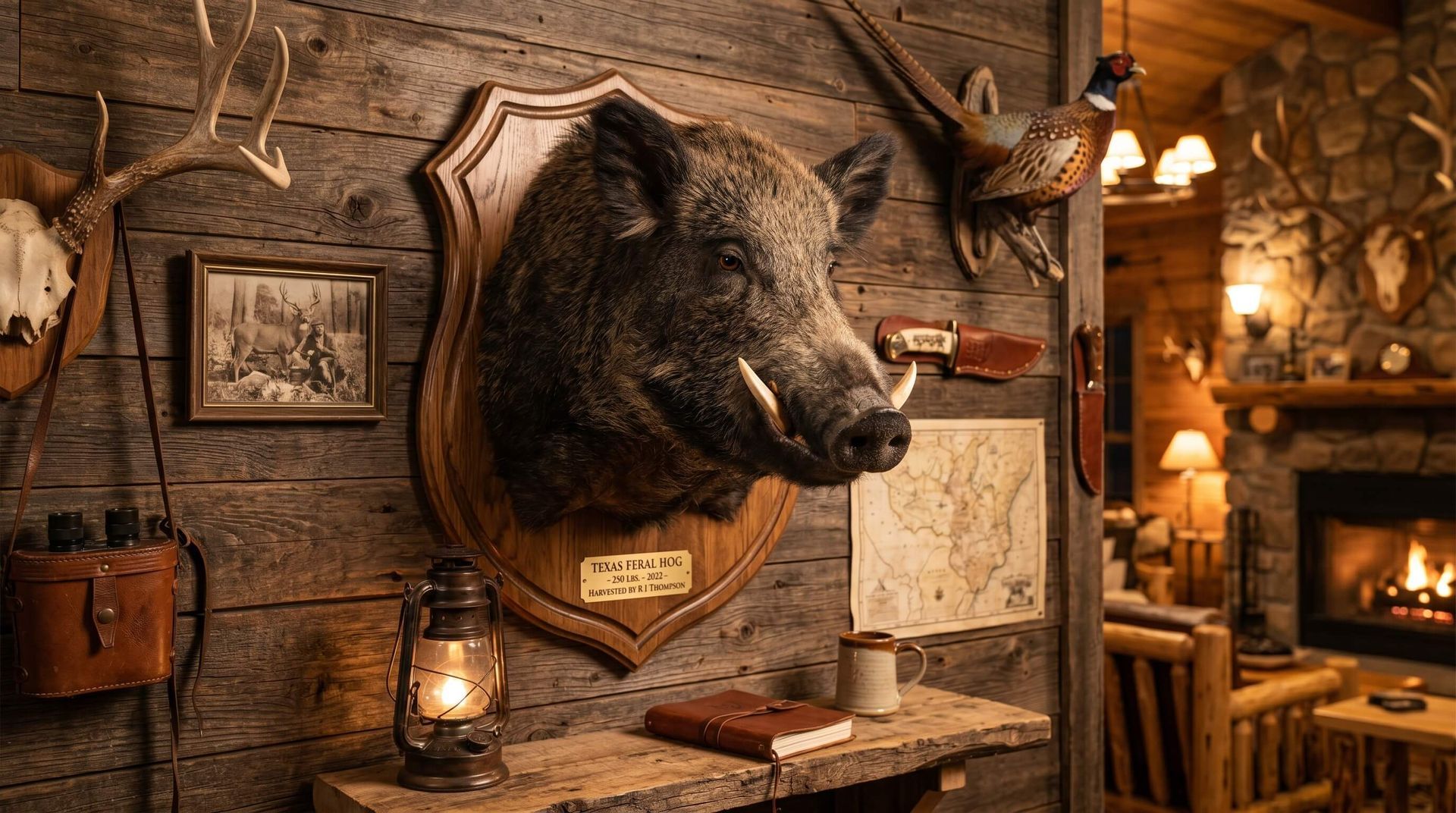 Boar's head mounted onto a cabin wall