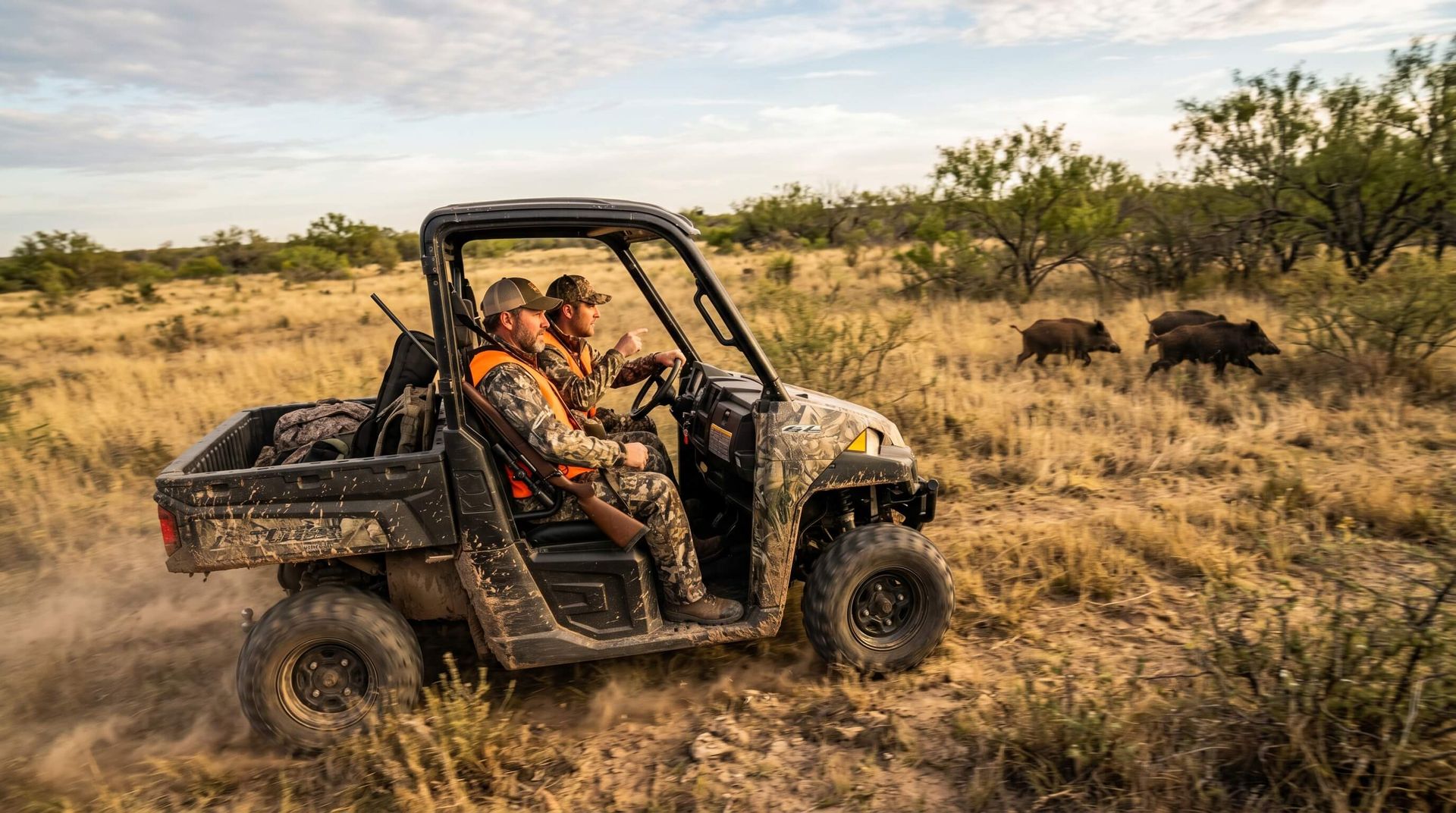 Hunters running a UTV after hogs