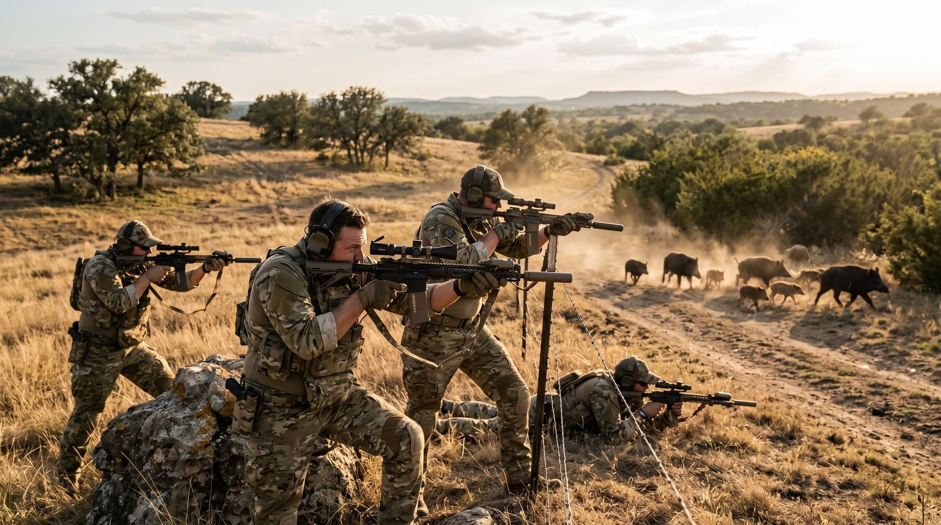 Hunters firing their guns as a pack of hogs scurry away