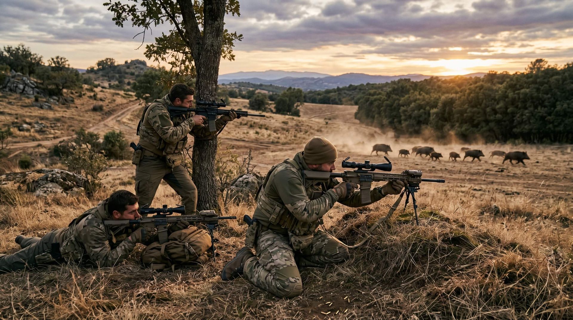 Hunters tactically fire at running hogs