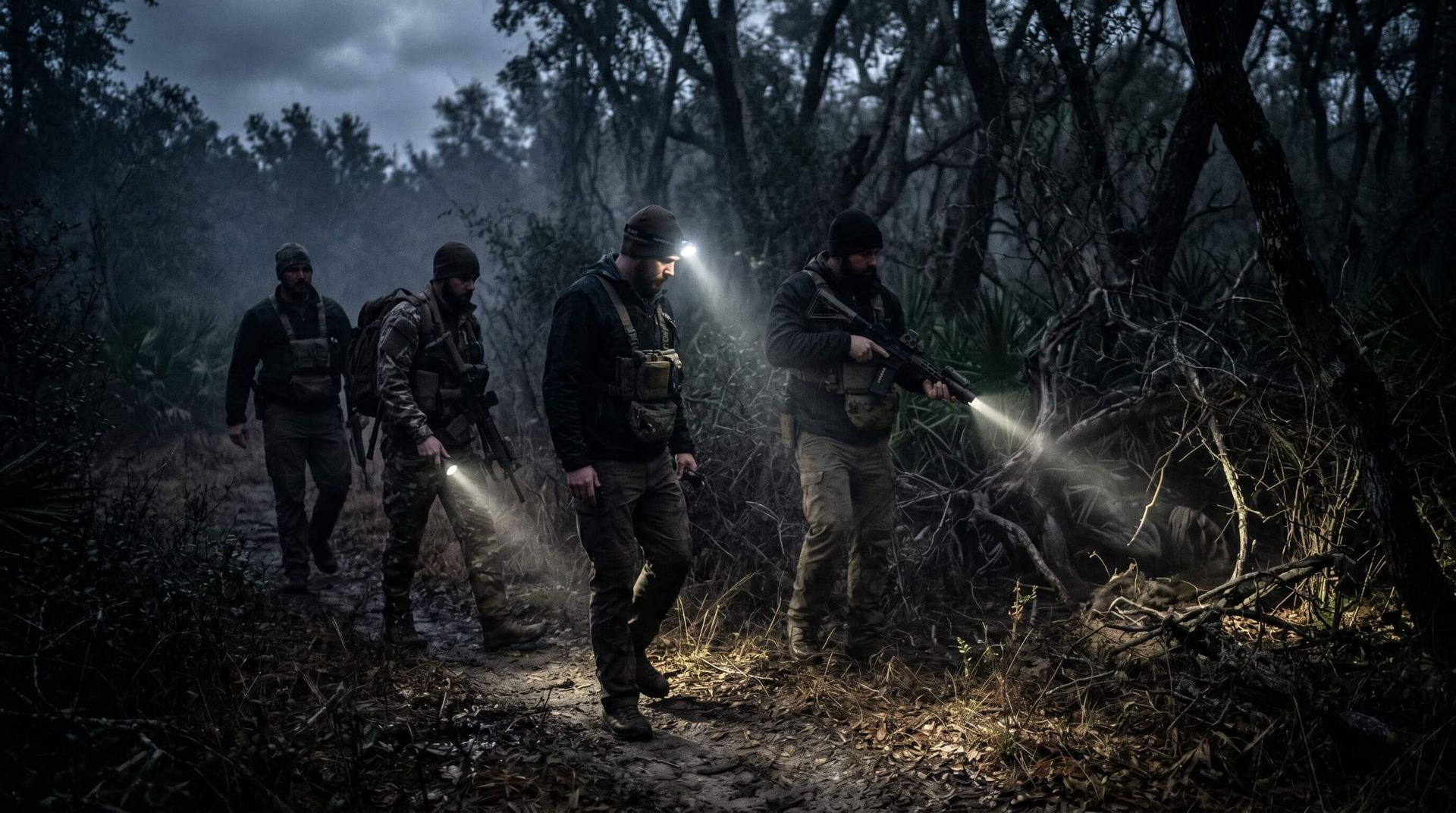 Small group of hunters hunting for hogs during the night