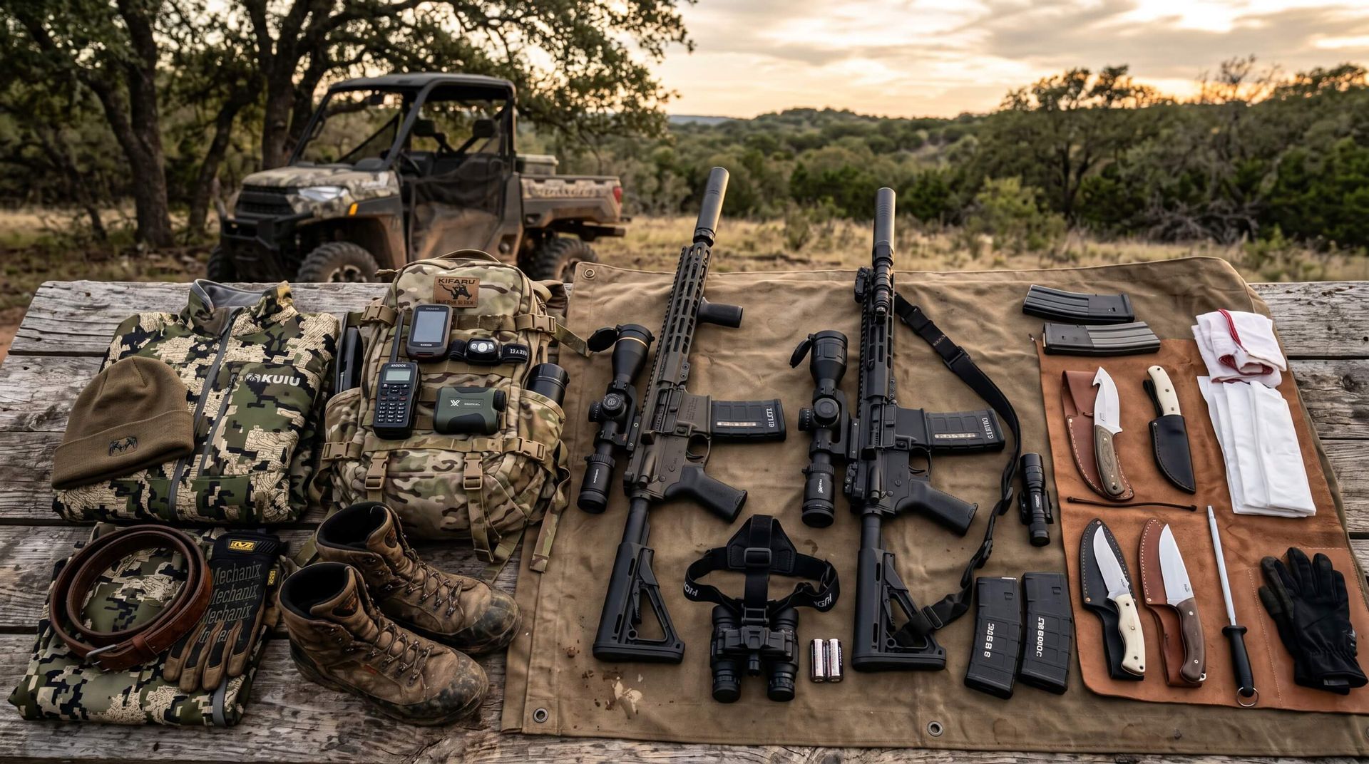 Plenty of weapons and gear for hog hunting on a table outside
