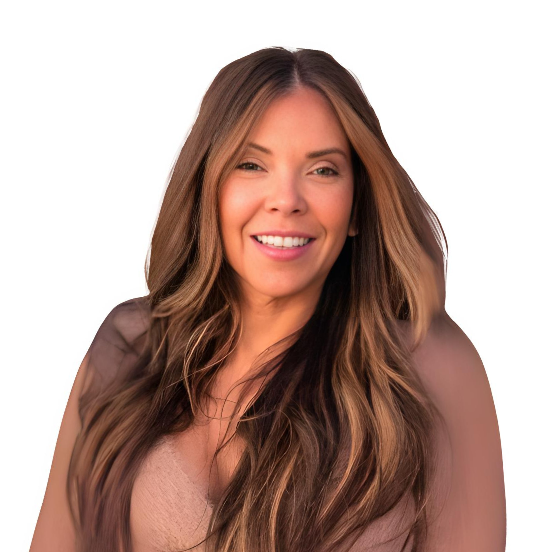 A woman with long brown hair is smiling for the camera