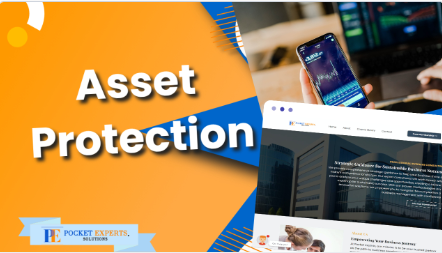 A person holding a cell phone next to a website that says asset protection