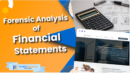A forensic analysis of financial statements poster with a calculator and a website