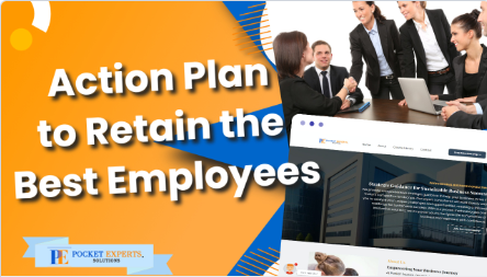 A group of people sitting around a table with the words action plan to retain the best employees