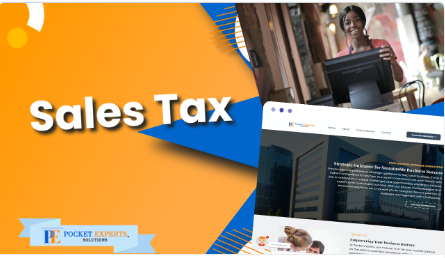 A picture of a woman using a computer and the words sales tax