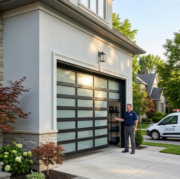 Modern glass and black frame garage door installed on a luxury house.