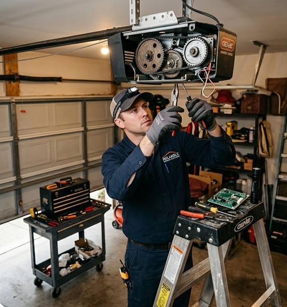Technician inspecting the internal motor and gears of a garage door opener.