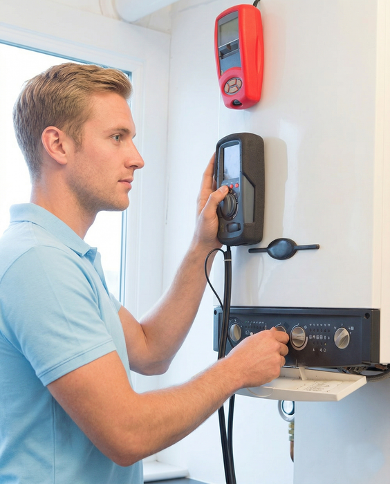 Una persona con una camicia blu ispeziona e regola una caldaia a muro utilizzando strumenti di test digitali.