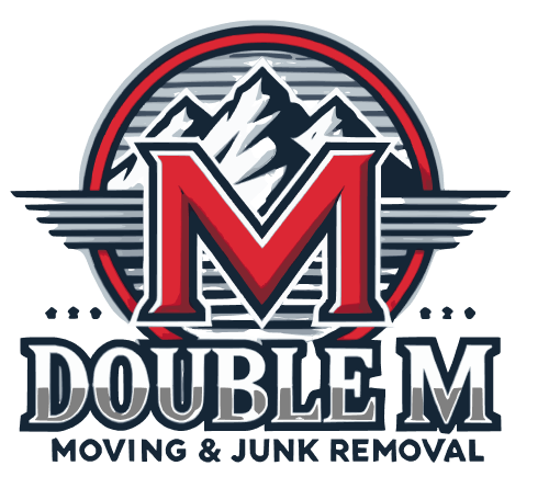 A logo for Double M Moving and Junk Removal with mountains in the background.