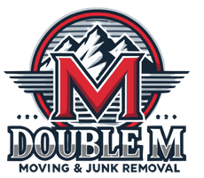 A logo for Double M Moving and Junk Removal with mountains in the background.