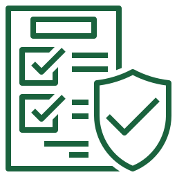 A green icon of a checklist with a shield and a check mark.