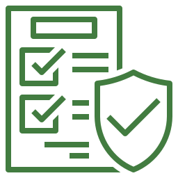 A green icon of a checklist with a shield and a check mark.