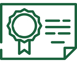 A green icon of a certificate with a ribbon.