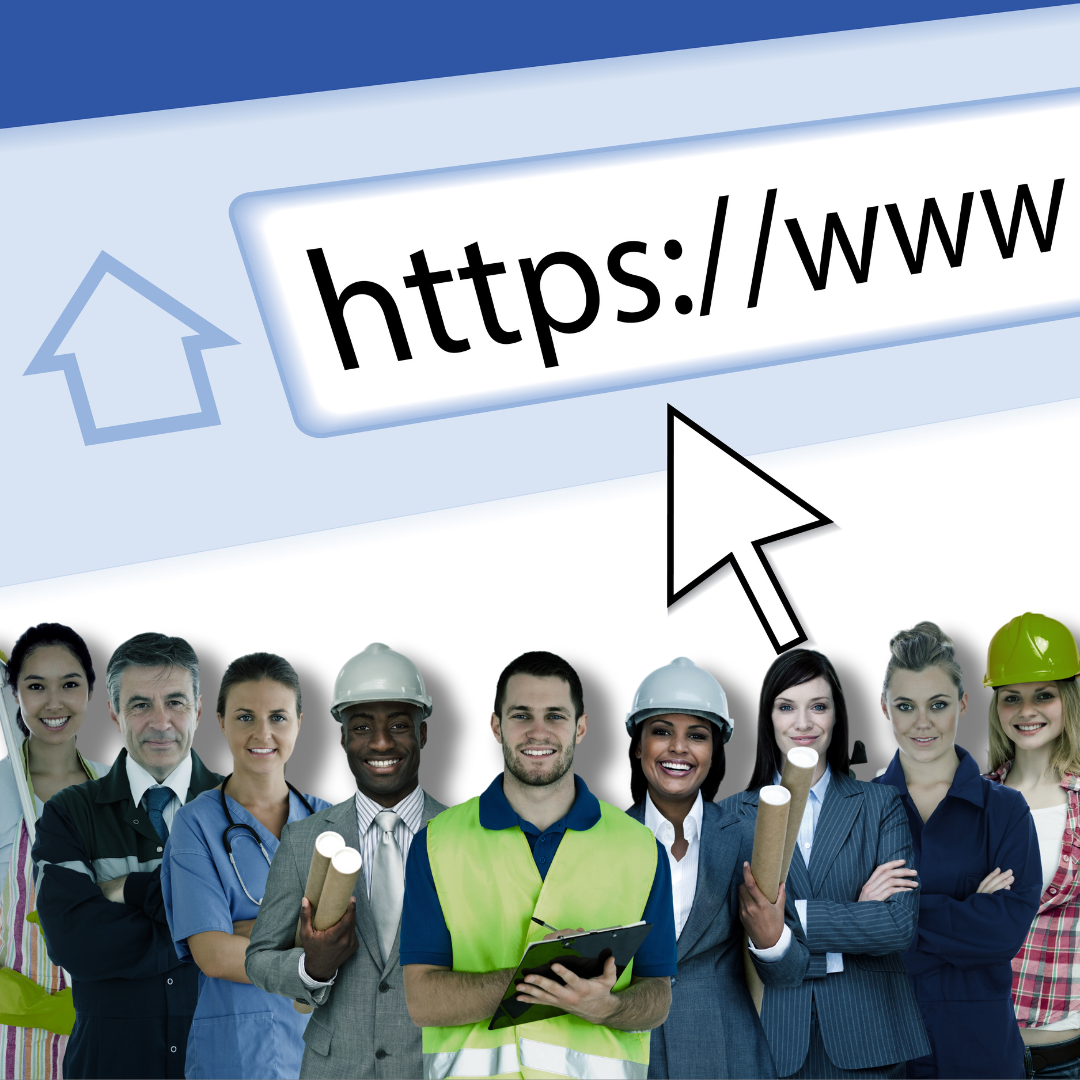 Diverse group of professionals in various occupations including construction, healthcare, and business, standing confidently in front of a browser address bar with 'https://www' text, symbolizing a professional web presence.