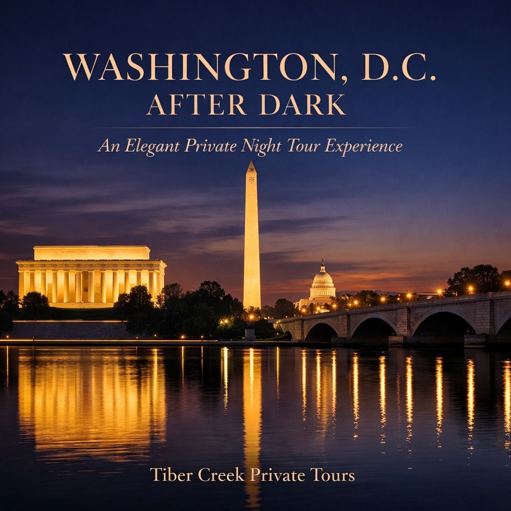 Night view of the Lincoln Memorial, Washington Monument, and U.S. Capitol reflected in water for Tiber Creek Private Tours.