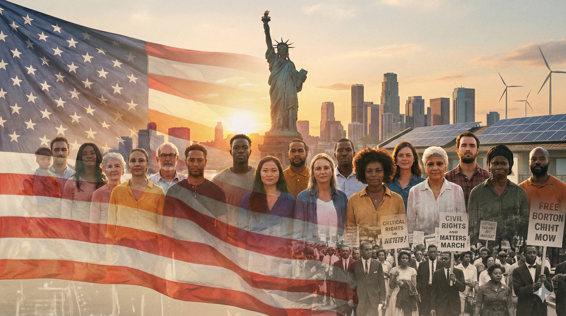 Diverse group of people stand before American flag, Statue of Liberty, and city skyline.