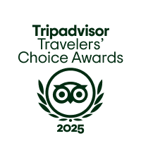 Tripadvisor Travelers' Choice Award logo, green and white. Features owl icon, laurel wreath, and 