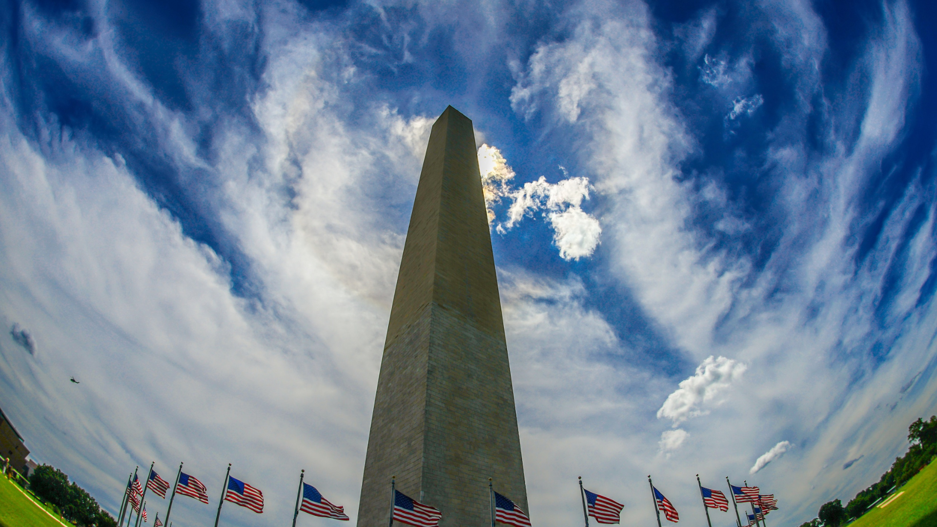 Washington Monument against a cloudy blue sky, surrounded by American flags on a grassy lawn.