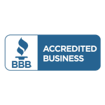 Blue and white BBB Accredited Business logo with a flame icon.