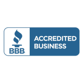 Blue and white BBB Accredited Business logo with a flame icon.