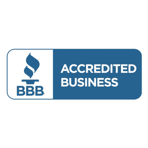 Blue and white BBB Accredited Business logo with a flame icon.