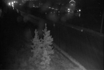 Nighttime view of a river and distant buildings with lights. A tree is in the foreground.