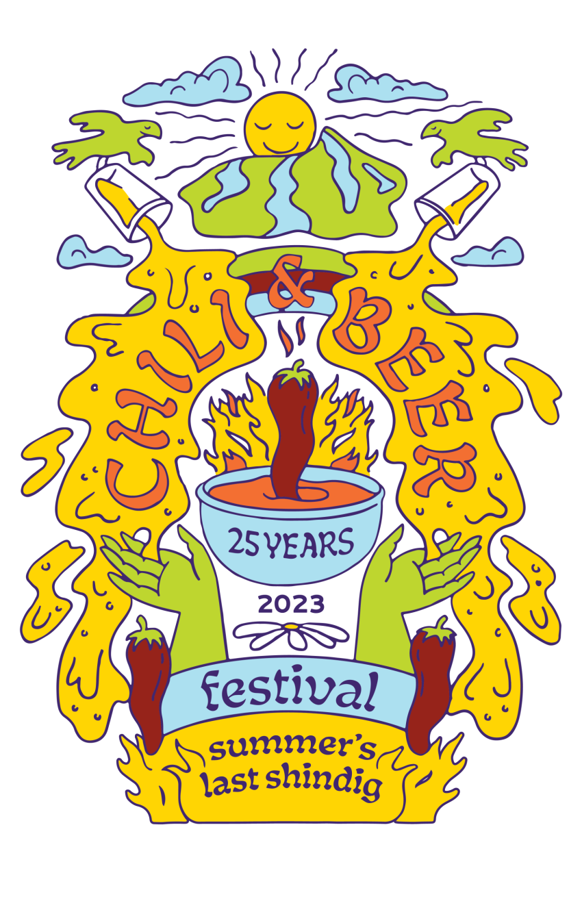 Chili & Beer Festival poster. Chili pepper in a bowl, beer bottles, and a smiling sun, celebrating 25 years.