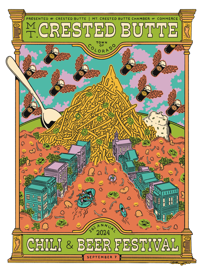 Poster for Crested Butte Chili & Beer Festival: colorful chili and beer art with a scoop, birds, and town scene.