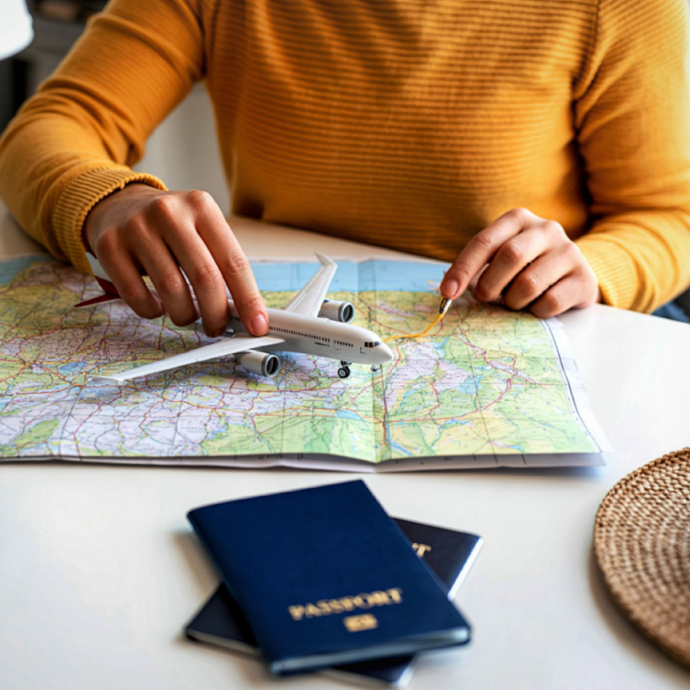 A person in a yellow sweater plans a trip by placing a model airplane on a map next to two passports on a table.