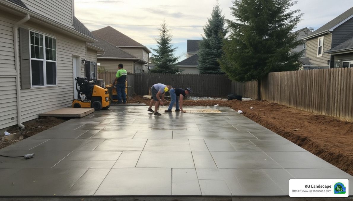 A group of people are working on a concrete driveway in front of a house.