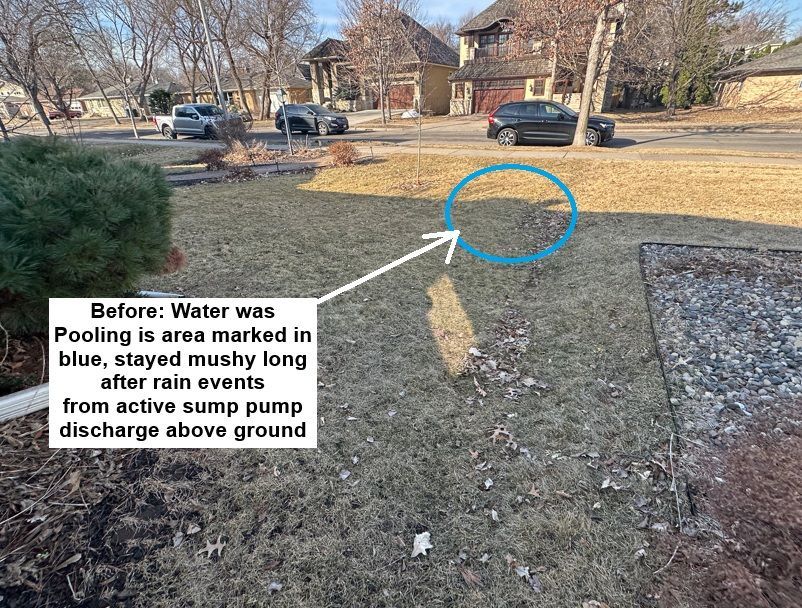 Before: The Problem - low point in front yard pooled water with nowhere to go marked up image with notes