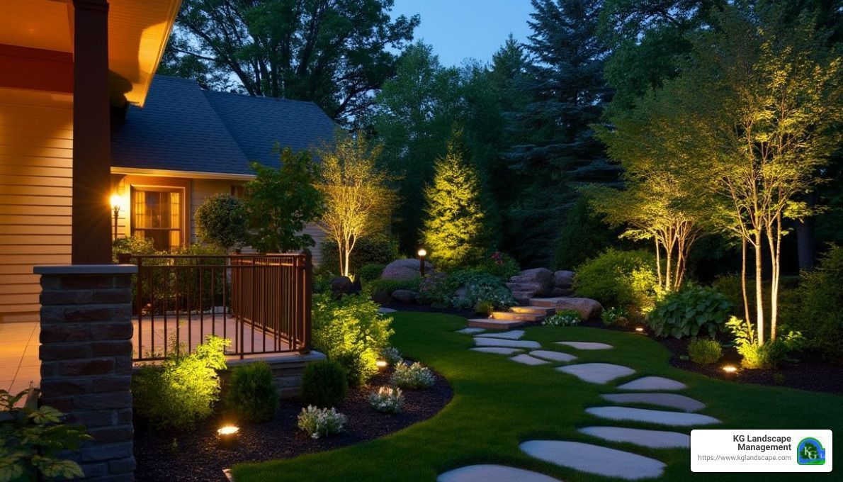 A house is surrounded by trees and shrubs and is lit up at night