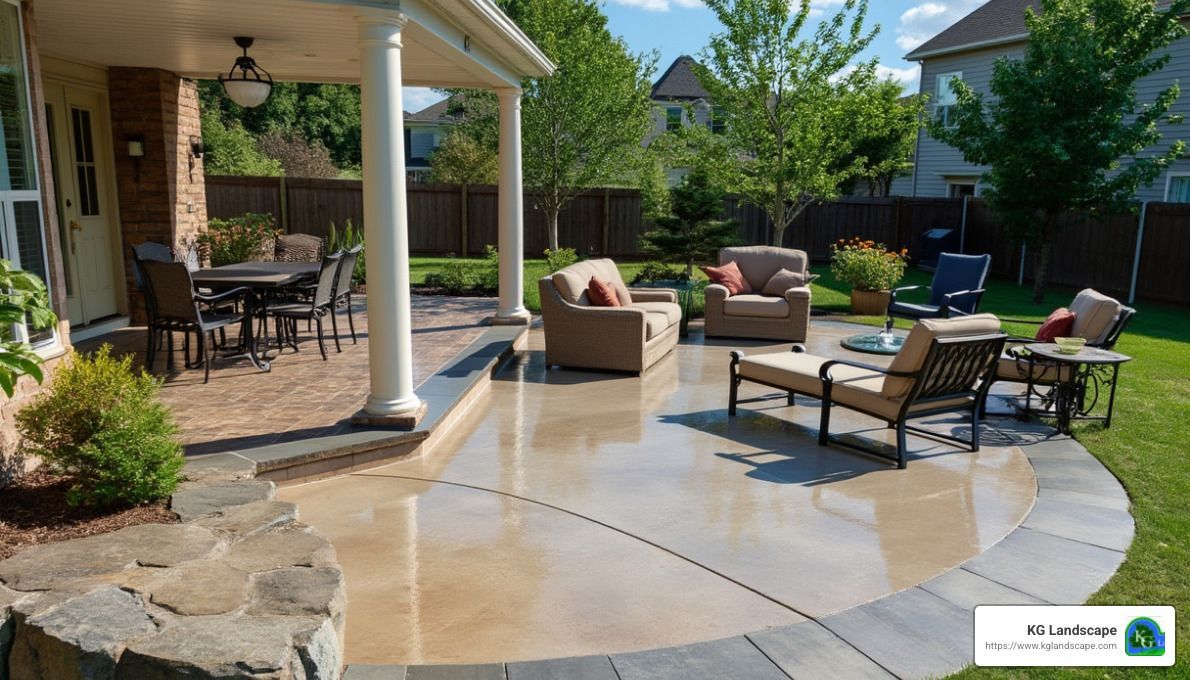 A patio with furniture and a table under a porch in a backyard.