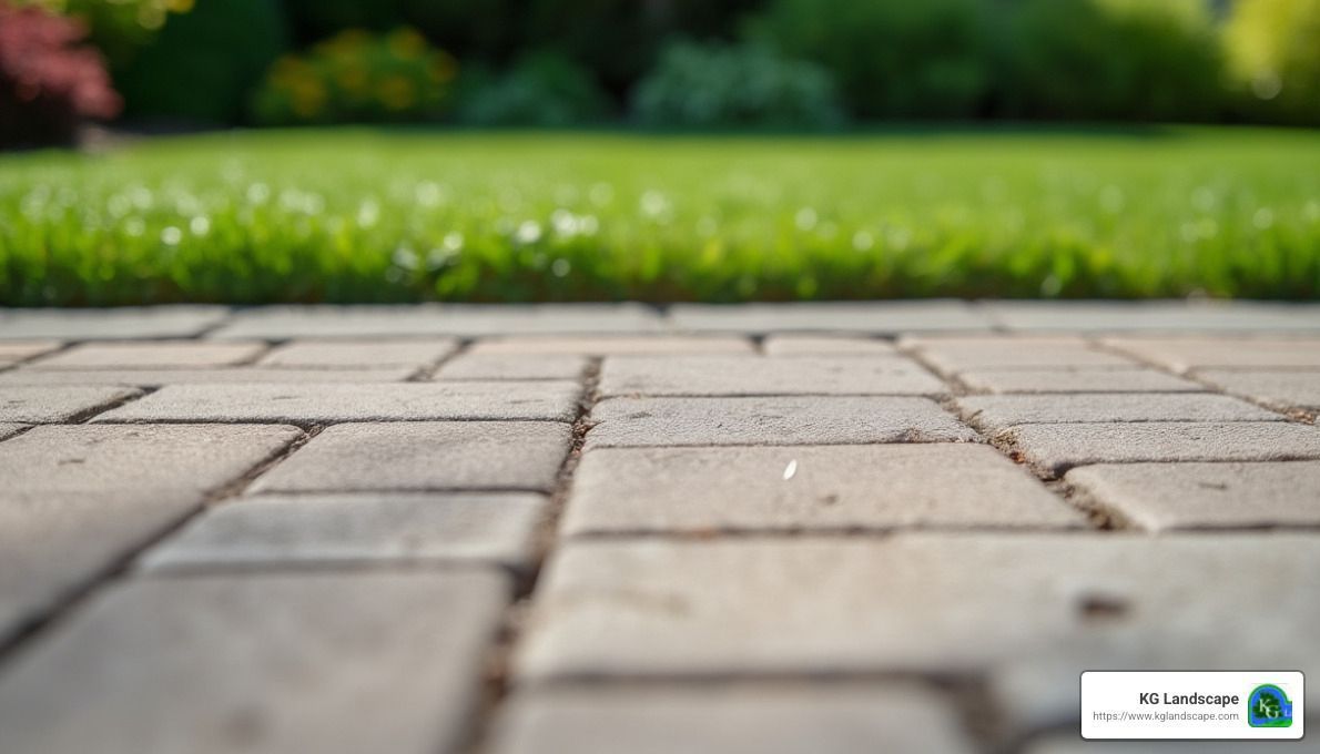 A brick walkway leading to a lush green lawn