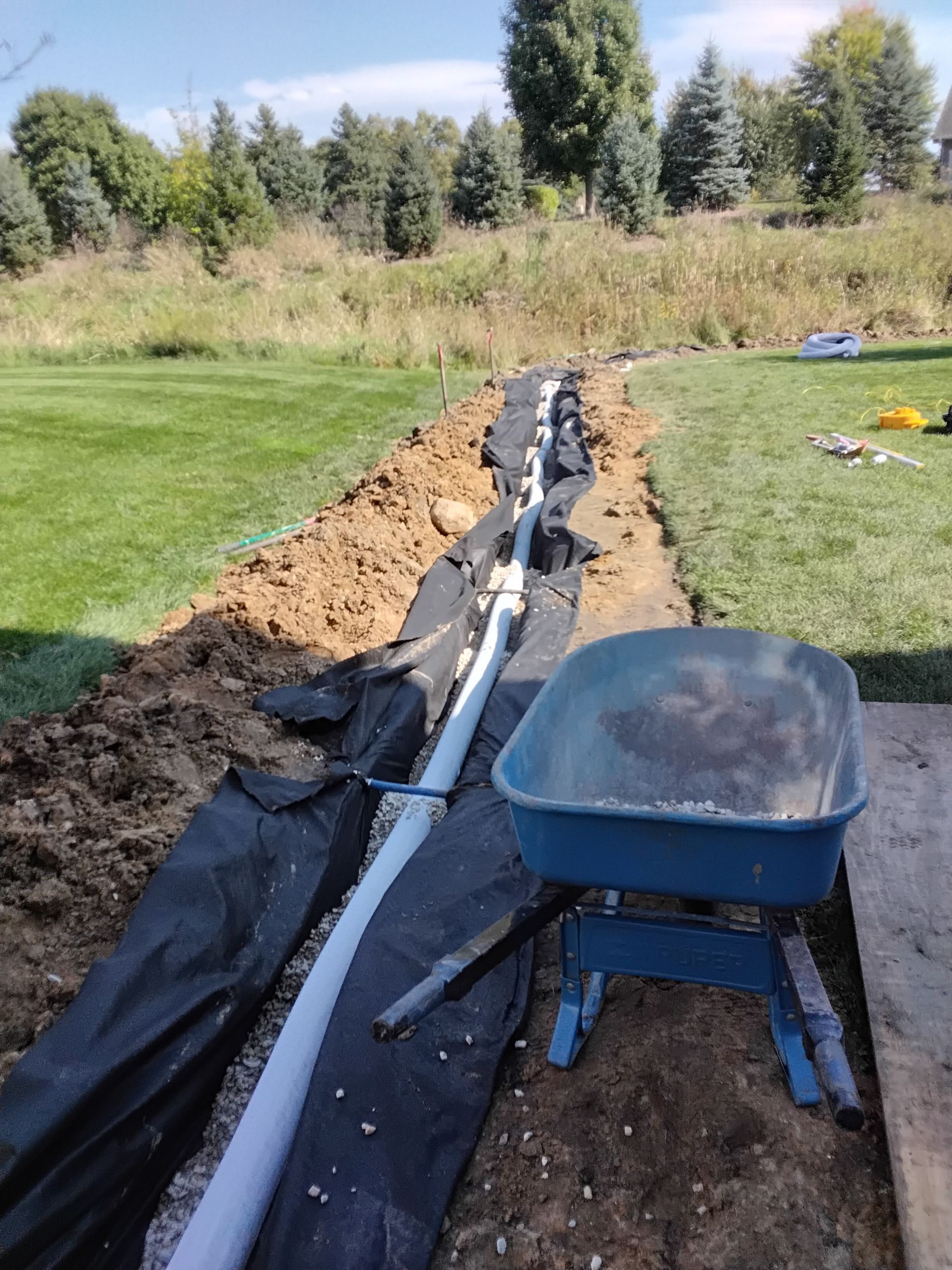 French drain being installed in a lawn in MN 