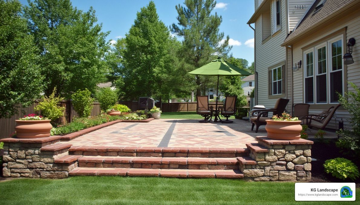 A patio with a green umbrella and chairs in front of a house