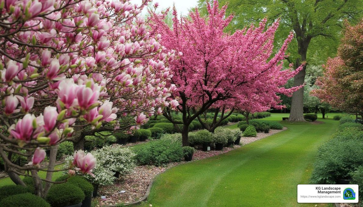 A garden filled with pink and white flowers and trees.