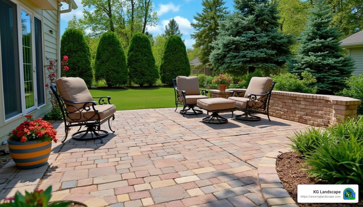 A patio with chairs and a table in front of a house.