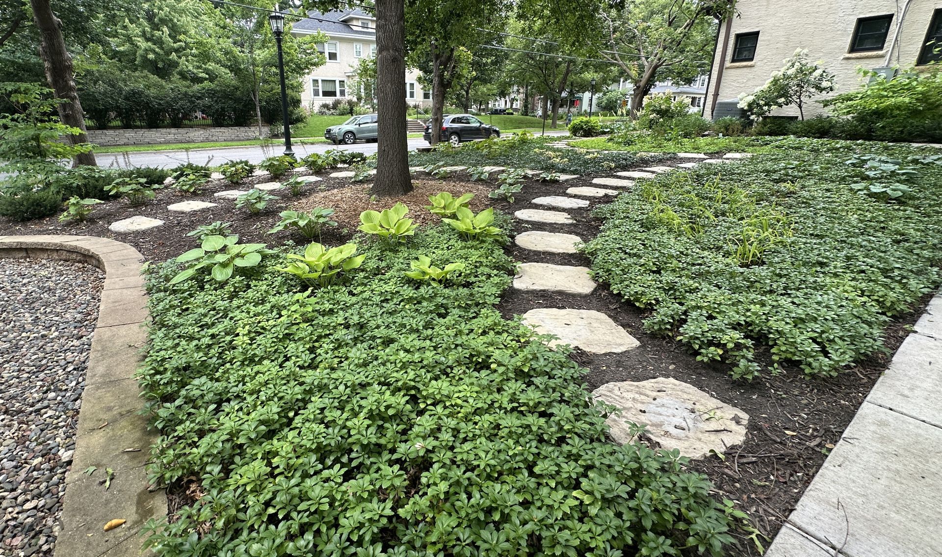 Backyard groundcover landscaping with no grass yard as low maintenance alternative in Minneapolis MN by KG Landscape