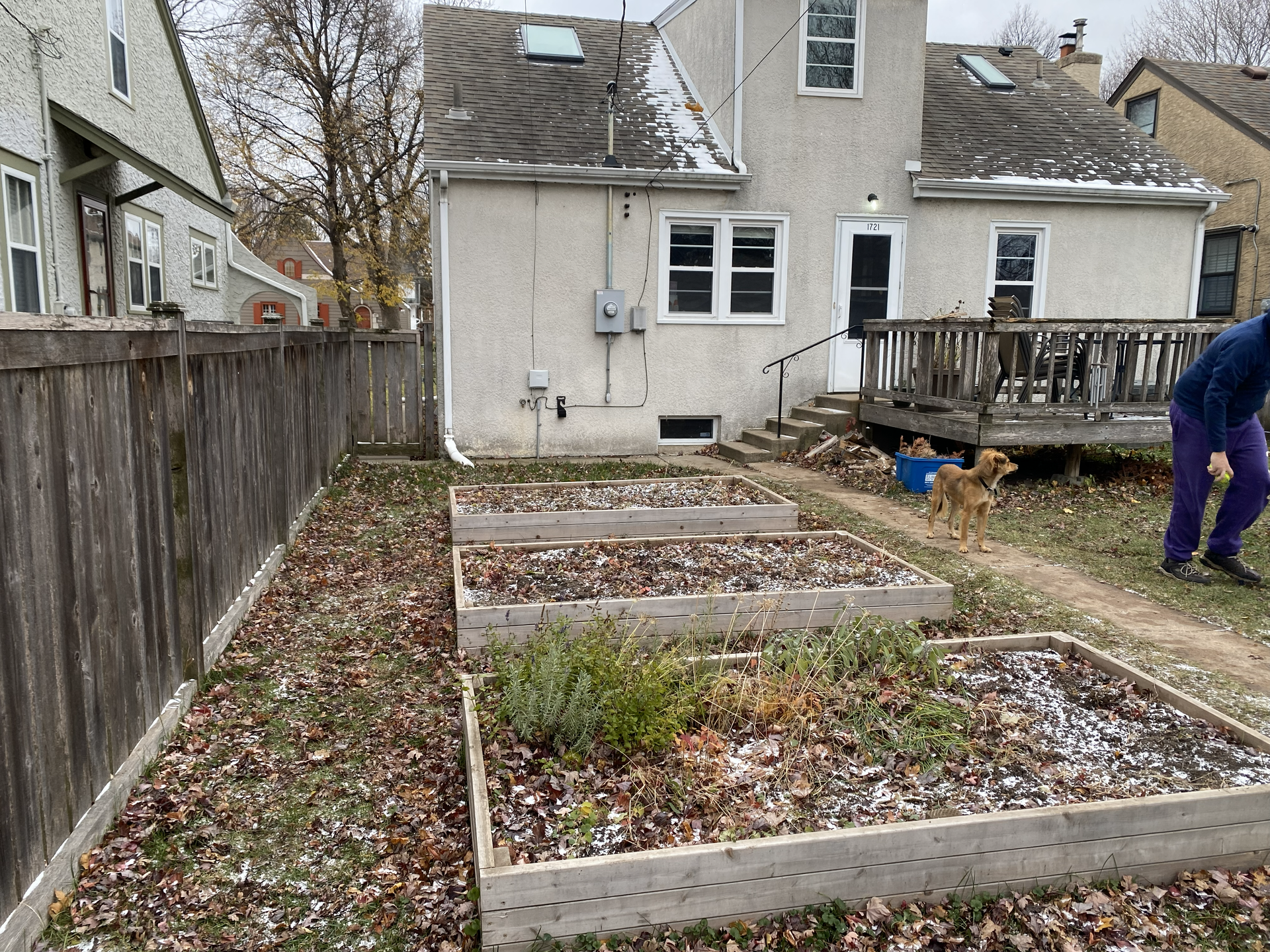Before picture of backyard with small raised deck that we removed to build a patio
