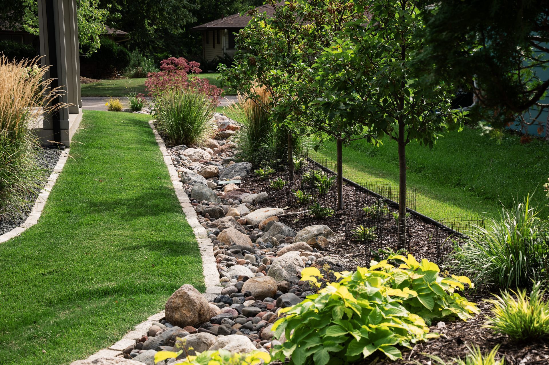 Trees and tall shrubs create a majestic view in a suburban landscape. 