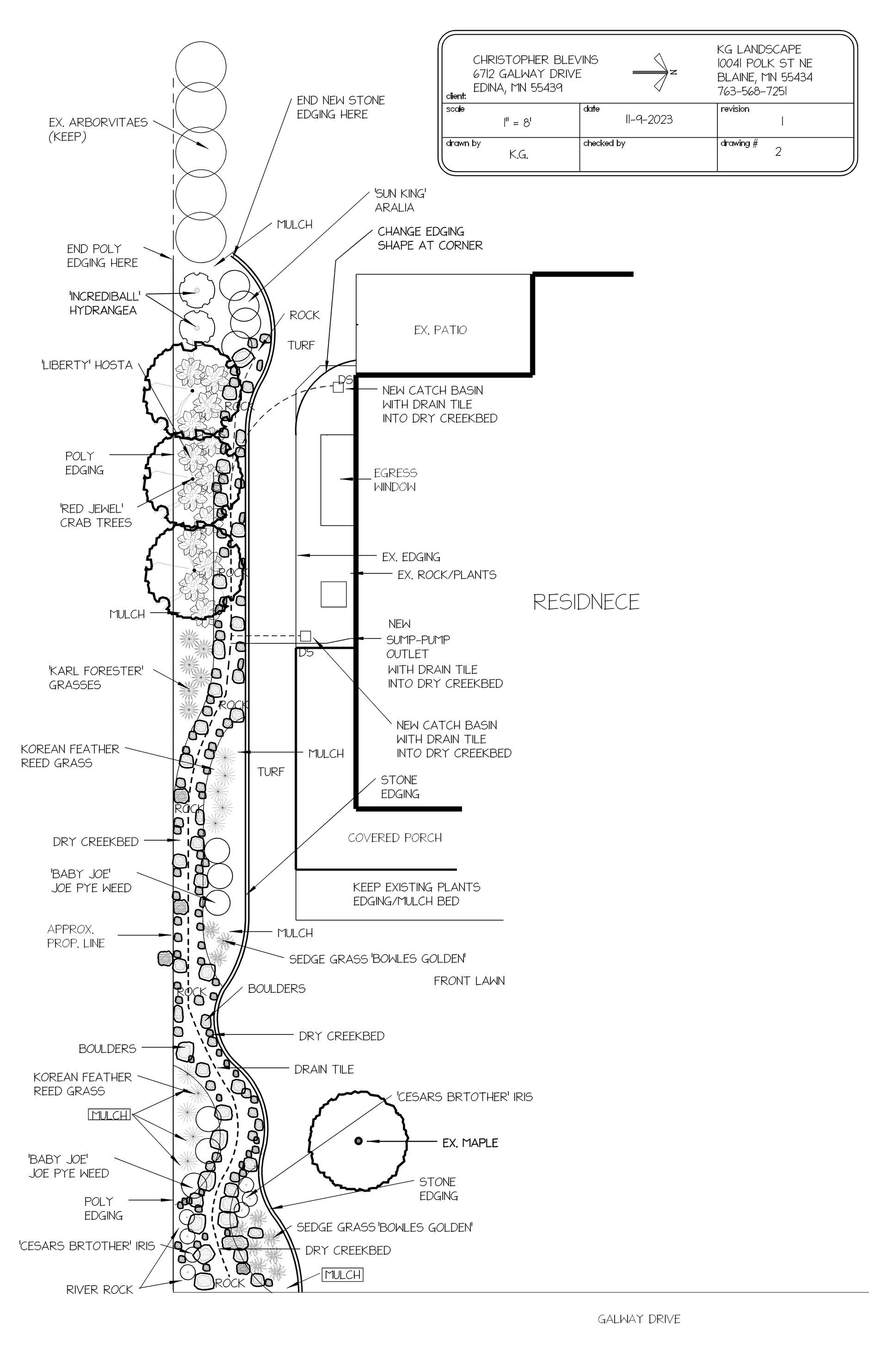 Design Work: our design for a new dry creek bed drainage feature with layered screen plantings providing a beautiful private view out their kitchen and picture windows
