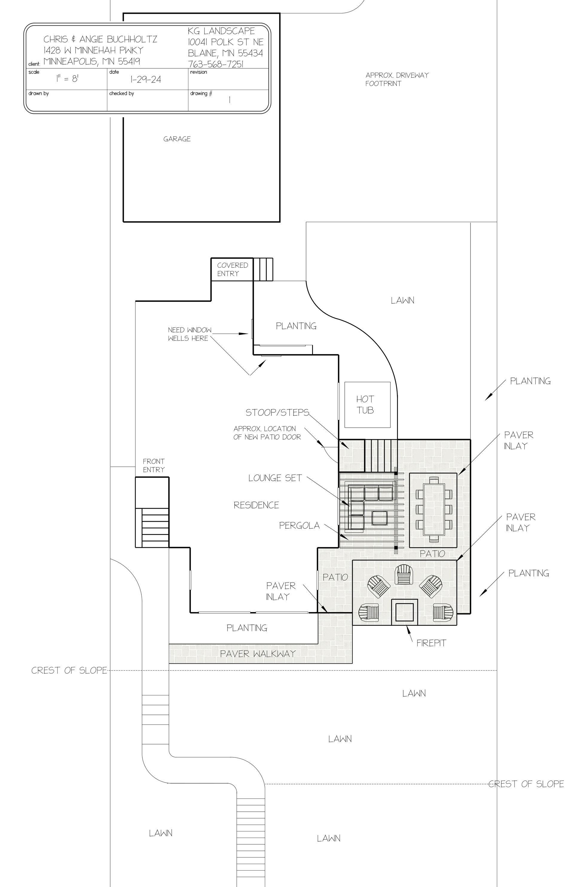 CONCEPT DESIGN 1 - exploring ideas for new patio, steps/stoop, bed lines, hot tub location, plantings, walkway, pergola, fencing, lawn shape etc.