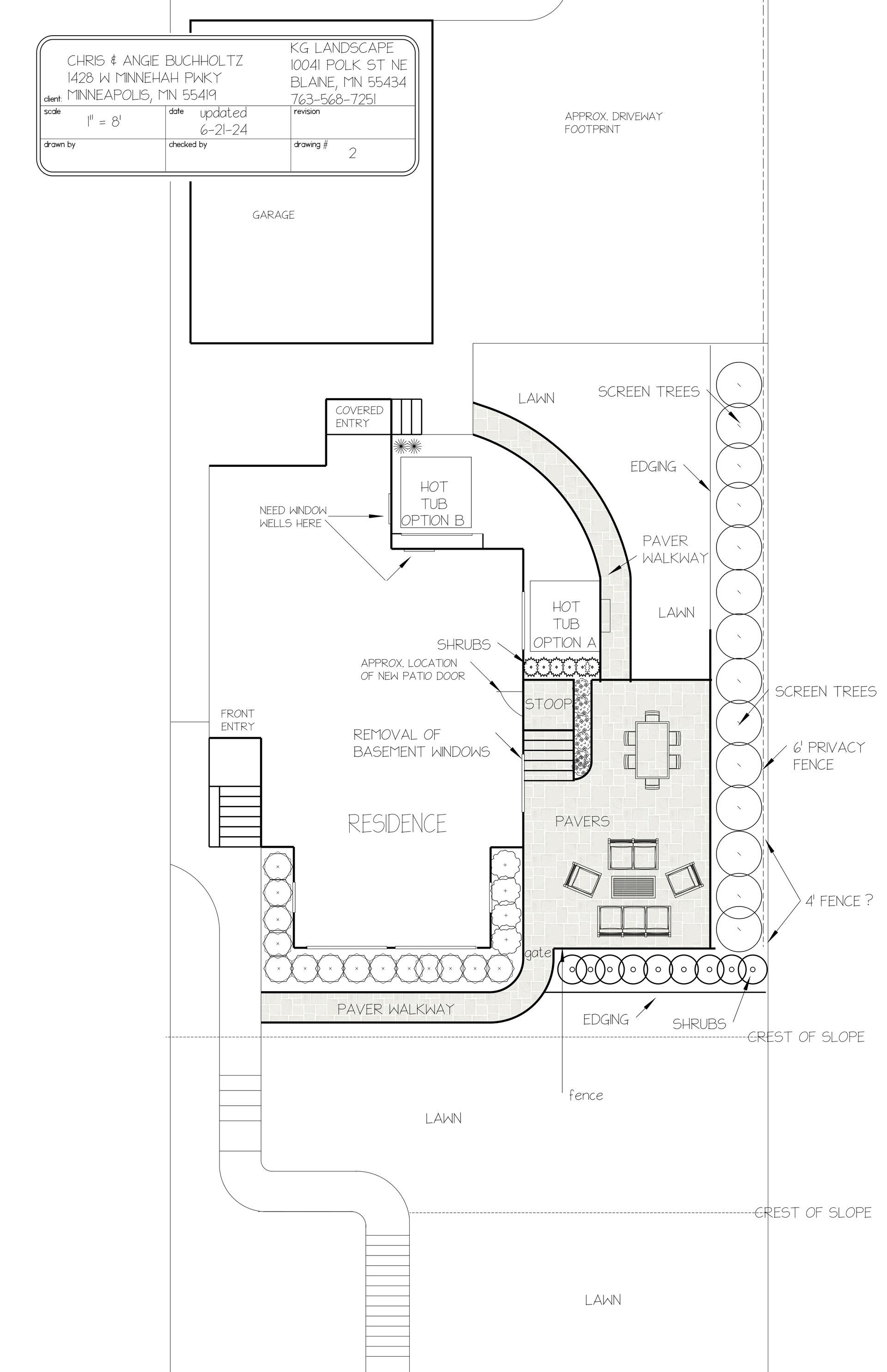 CONCEPT DESIGN 2 - exploring ideas for new patio, steps/stoop, bed lines, hot tub location, plantings, walkway, pergola, fencing, lawn shape etc.