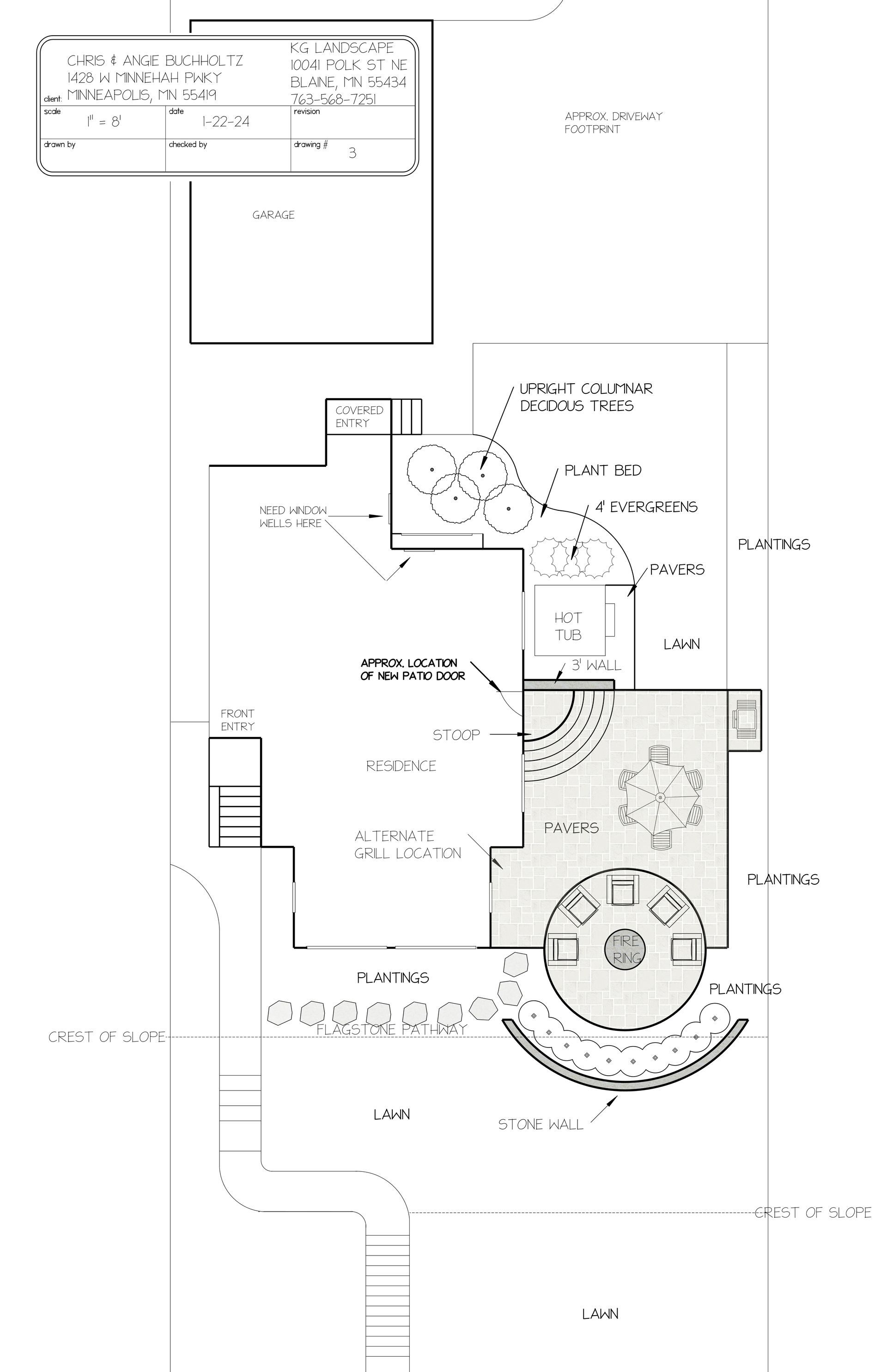 CONCEPT DESIGN 3 - exploring ideas for new patio, steps/stoop, bed lines, hot tub location, plantings, walkway, pergola, fencing, lawn shape etc.